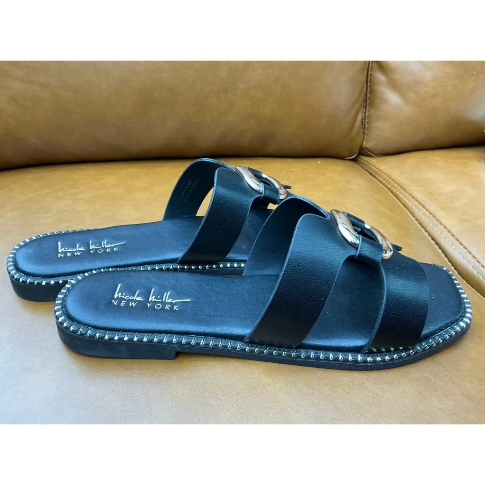 Nicole Miller Danis‎ Slide Sandals Womens 9 Black Gold Buckle Studded
